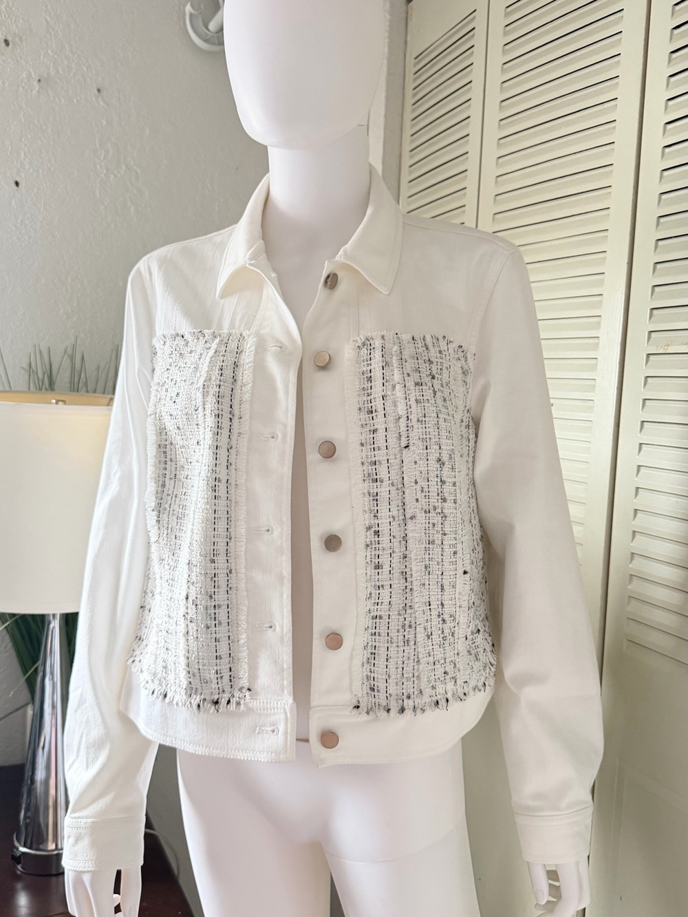 Per Se by Carlisle White Tweed-Panel Denim Jacket - Size 10